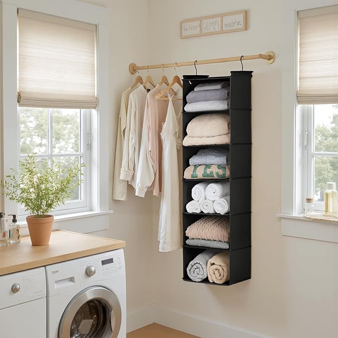 GRANNY SAYS 6 Shelf Hanging Closet Organizers and Storage, Collapsible Closet Hanging Organizer with 2 Sturdy Hooks, Large Hanging Shelves for Weekly Clothes Organizer, Black-NeatNest