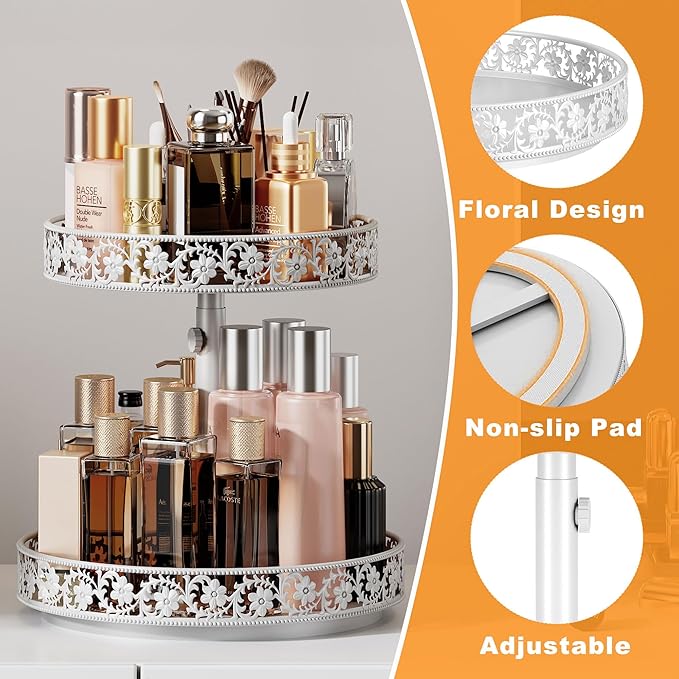 2 Tier Lazy Susan Organizer Turntable Adjustable,12 Inch Two Tier Lazy Susan Metal Easy Assembly Cleaning, Rotating Spice Rack Organizer for Cabinet Dining Table Kitchen Countertop White-NeatNest
