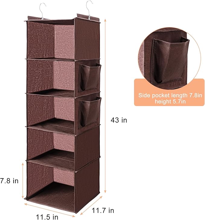 BOOMIBOO Hanging Closet Organize and Shelves，5-Hanging Shelf with 2 Side Pockets，Storage Foldable （Browm）-NeatNest