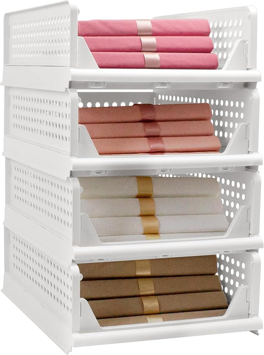 Stackable Foldable Storage Baskets, Folding Storage Bins, Closet Organizers and Plastic Drawer Shelf Storage Container for Wardrobe, Cupboard, Kitchen, Bathroom, Office (White, 4S)