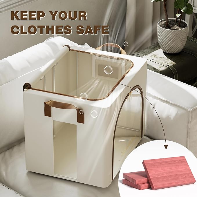 Furnhome 3 pack Clothes Storage Bins with metal Frame, sweater storage for closet, Stackable Storage bins for clothes, Foldable Clothing Storage bins with Cedar Blocks& Windows&Zippers|70L-Off White