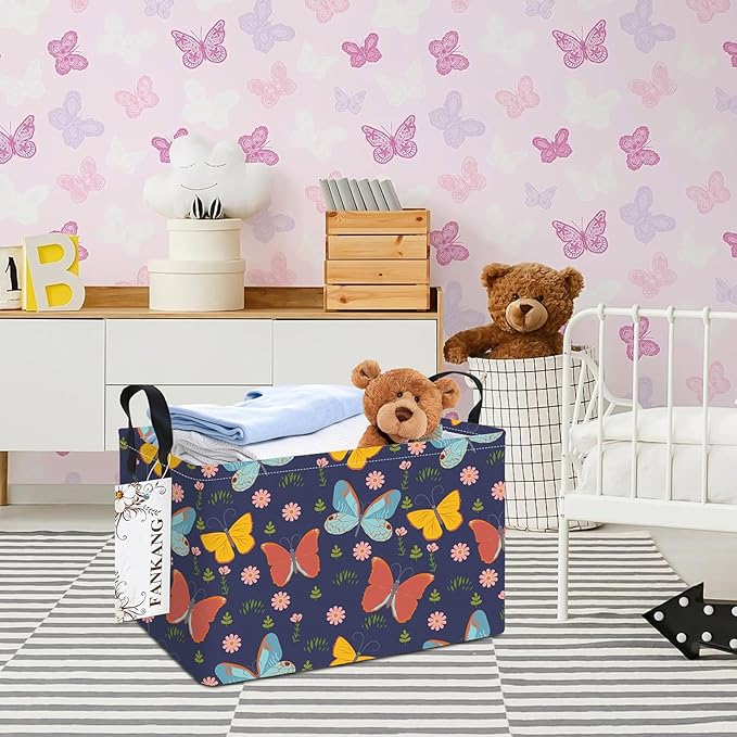 FANKANG Storage Bins, Nursery Hamper Canvas Laundry Basket Foldable with Waterproof PE Coating Large Storage Baskets for Kids Boys and Girls, Office, Bedroom, Clothes,Toys(Rec-Colorful Butterfly ）