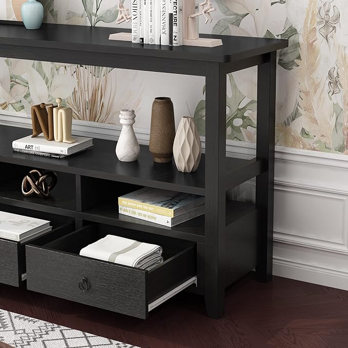 Karl home Console Table with 3 Bottom Drawers, 57.9" W Sofa Side Table Entryway Desk with 3 Storage Cubbies 1 Open Shelf, Vintage TV Stand for Hallway Living Room Office, Black 29.9" H-NeatNest
