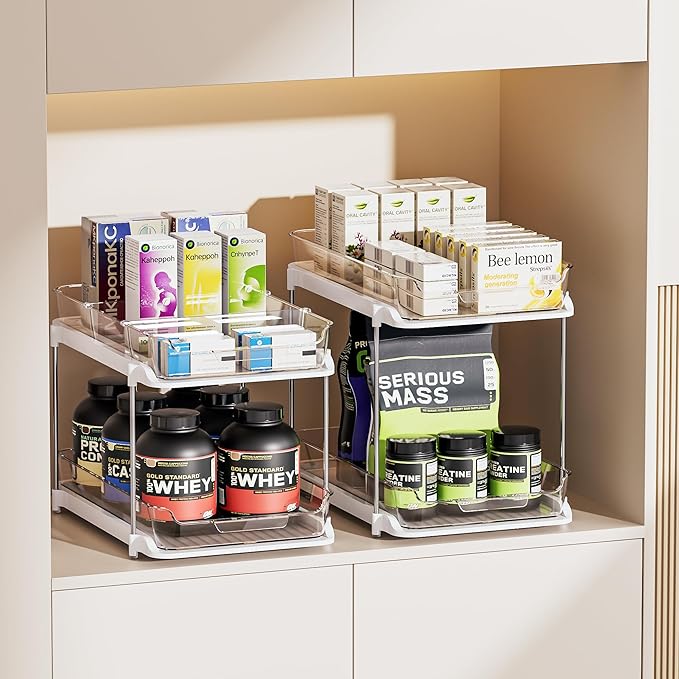 Delamu 2 Sets of 2-Tier Multi-Purpose Bathroom Under Sink Organizers and Storage, Stackable Kitchen Pantry Organization, Pull Out Medicine Cabinet Organizer with 8 Movable Dividers-NeatNest