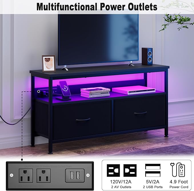 39" Dresser TV Stand for TVs up to 50", Media Console with LED Lights, Charging Station & 2 Drawer Storage Chest, Gaming Entertainment Center with Storage for Bedroom (Black, 39 in)-NeatNest