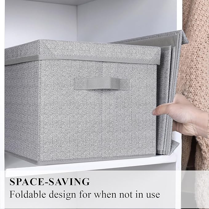 WUIKE 3 Pack Extra Large Foldable Storage Bins with Lids, Fabric Storage Bins for Home and Closet Organization, Herringbone Gray-NeatNest