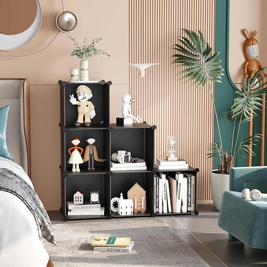 C&AHOME 6-Cube Storage Organizer, Stackable Storage Cubes Shelves, Portable Bookshelf, Plastic Clothing Storage Closet Organizer, DIY Modular Shelving Units for Wardrobe, Home, Black-NeatNest