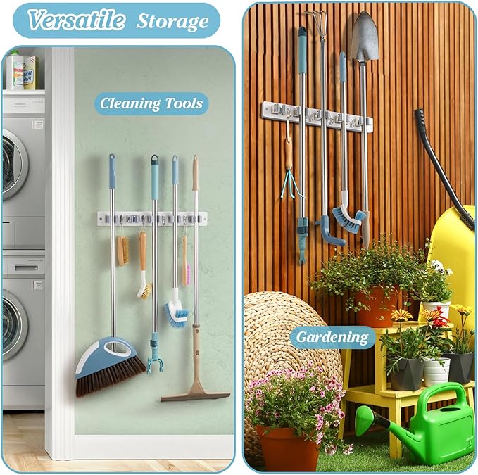 White Broom Holder Wall Mount - Heavy Duty Wood Mop and Broom Organizer with 5 Slots & 4 Hooks - Garden Tool Hanger for Laundry Room Closet Kitchen Garage Storage and Organization - Modern Home Decor-NeatNest