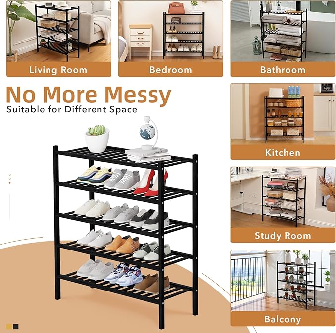 5 Tier Bamboo Shoe Rack Storage Organizer for Closet, Multifunctional Stackable Free Standing Shoe Shelf Organizer for Small Space,Entryway, Hallway, Bathroom27 x11 x32 (Black, 5 Tier)-NeatNest