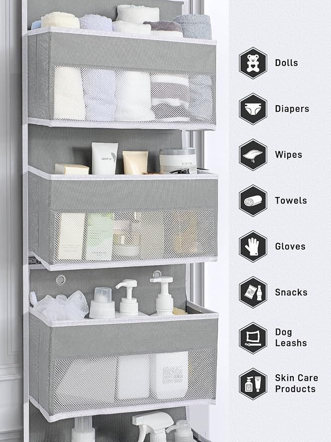 Yecaye 6-Tier Over the Door Storage Organizer, Flexible 1 Split into 2 Swing-proof Hanging Bathroom Storage Organization, Bedroom Organizer and Storage for Newborn Baby Essentials, Grey-NeatNest