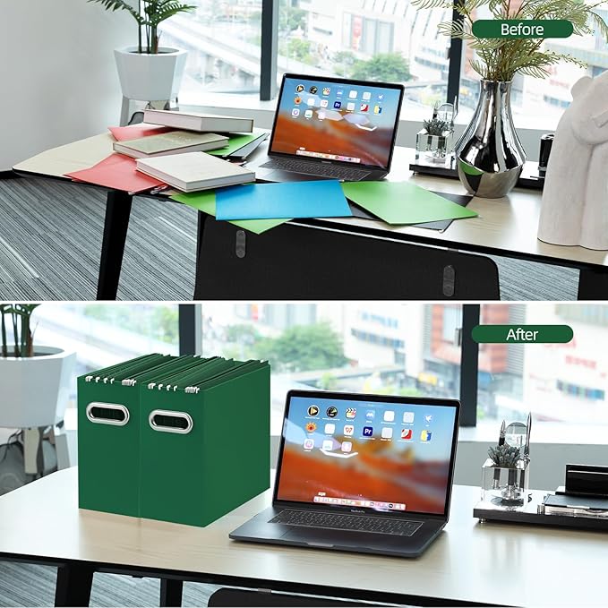 Oterri File Organizer, 4 Packs Small Storage Box, Cardboard File Folder Organizer, Collapsible File Box for Hanging File Folders Letter Size, Portable Filing Organizer with Handle (Dark Green)