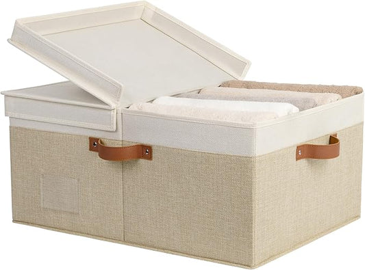 GRANNY SAYS Decorative Storage Boxes with Lid, Large Storage Bins with Double-Open Lid and Divider, Fabric Storage Bin for Clothes, 63L Closet Linen Storage Bin, White/Khaki-NeatNest