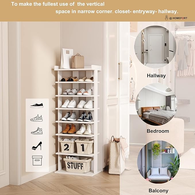 HOMEFORT 7-Tier Wood Shoe Rack, Double Rows 7-Tier Shoe Shelf, Shoe Storage Stand, Entryway Shoe Tower, Vertical Shoe Organizer Perfect for Narrow Closet, Entryway, Hallway, Bedroom in White-NeatNest