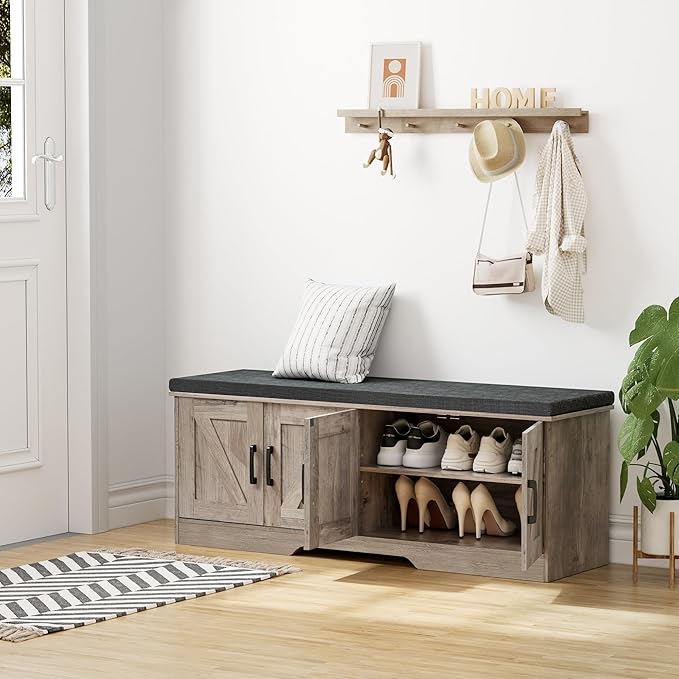 2-Tier Storage Bench, Shoe Bench with Padded Seat Cushion, Entryway Bench with 4 Barn Doors, Adjustable Shelf, 13.8" D x 47.2" W x 17.7" H, for Entryway, Living Room, Bedroom, Greige-NeatNest