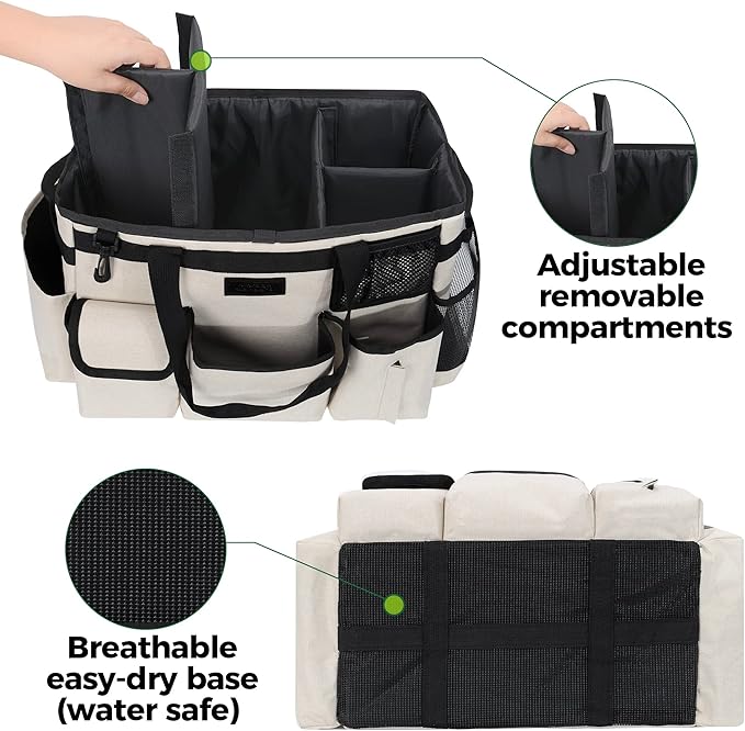 Cleaning Caddy Organizer with Handle - Large Caddy Bag for House & Bathroom Cleaning Supplies, 15 x 8 x 10.5 inches Cleaning Supply Caddy, Housekeeping Tote with Adjustable Strap - Beige-NeatNest