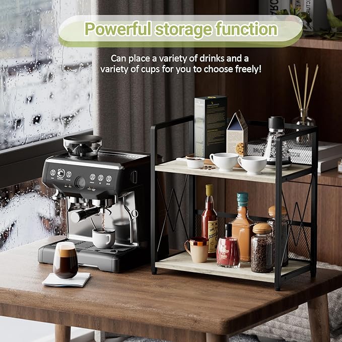 Aduanbang Coffee Bar Accessories Organizer, Seasoning Organizer, 2 Tier Wooden Kitchen Counter Shelf, Coffee Organizer Station for Countertop, Coffee Condiment Rack for Mugs, Cups, Cream, Syrup-NeatNest
