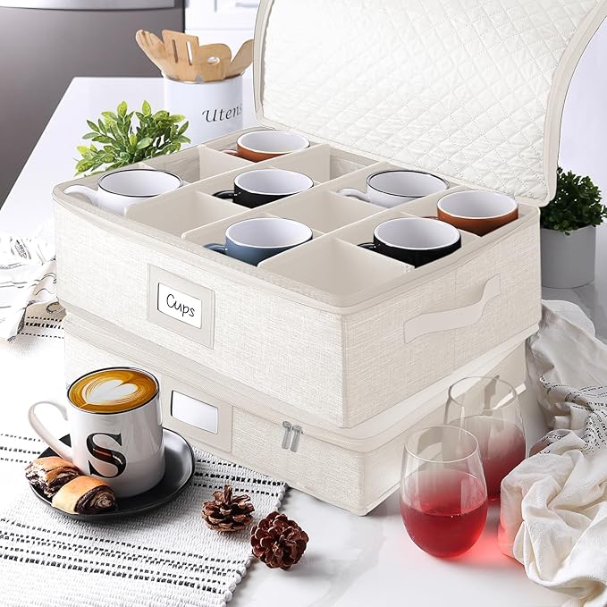 Hearth & Harbor Coffee Mug Storage, Quilted and Stackable Coffee Cup Storage Organizer for Service of 12, Mug Storage Box with Dividers, China Containers Hard Shell for Moving and Organization, Cream-NeatNest