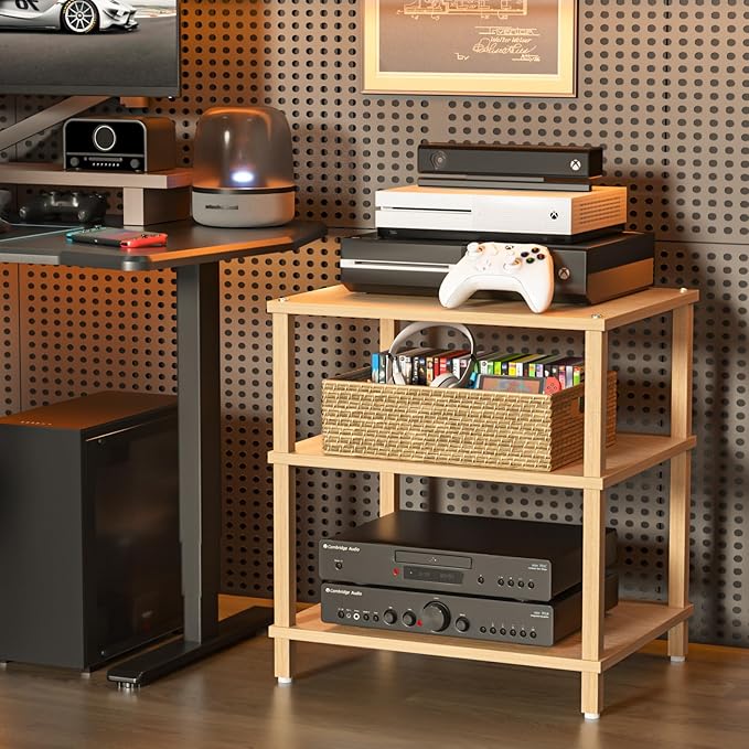 3-Tier AV Media Player Stand, Natural Stereo Cabinet, Modern Audio Shelf, Wooden TV Stand,Game Console Shelf, Multifunctional Entertainment Center, Suitable for Home, Conference Room, Game Studio-NeatNest