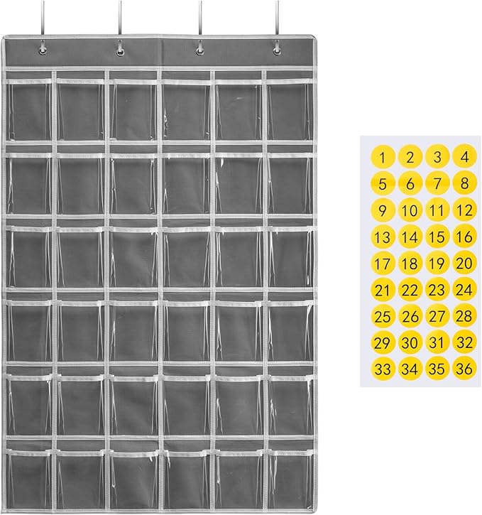 36 Clear Pockets Classroom Pocket Chart for Cell Phones and Calculator Holder, Pocket Chart for Classroom Phone Holder with Number Stickers and Hooks (Grey)-NeatNest