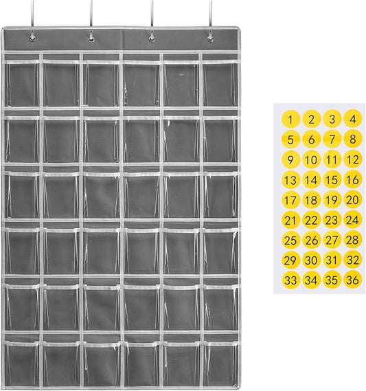 36 Clear Pockets Classroom Pocket Chart for Cell Phones and Calculator Holder, Pocket Chart for Classroom Phone Holder with Number Stickers and Hooks (Grey)-NeatNest