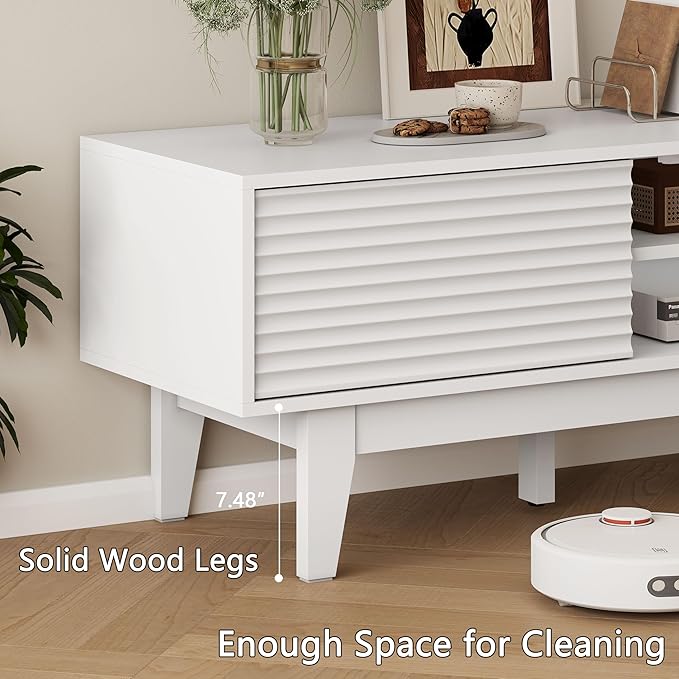 Fluted TV Stand for 55 65 Inch TV, Mid Century Modern Entertainment Center with Shelves, Cabinets & Sliding Doors, TV Media Console Table with Wood Feet & Cord Holes for Living Room, Bedroom, White-NeatNest