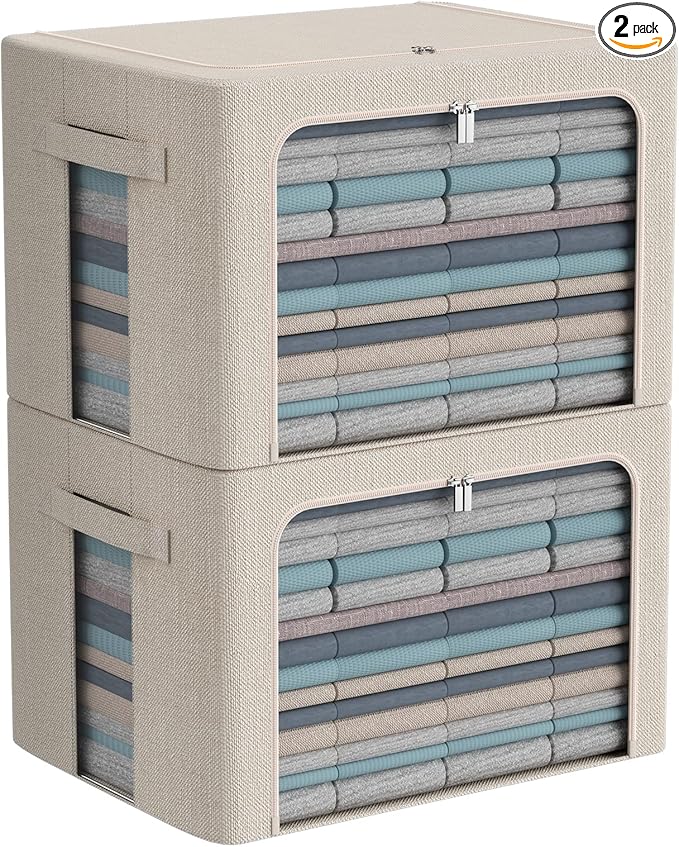 Clothes Storage Bins Box - Linen Fabric Foldable Stackable Container Organizer Set with Clear Window & Carry Handles & Metal Frame - 2Pack Large Capacity for Bedding, Blankets, Books-NeatNest