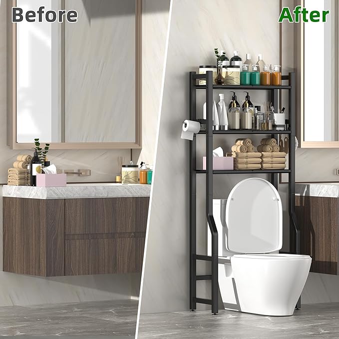 3 Tier Over The Toilet Storage Rack with Toilet Paper Holder, Metal Freestanding Bathroom Shelves with 4 Hooks, Over Toilet Storage Shelf for Bathroom Storage, Black-NeatNest