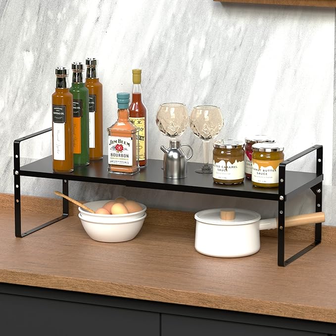 Expandable Kitchen Cabinet Shelf Organizers, Stackable Metal Pantry Storage Shelves Rack, Adjustable Counter Spice Shelf for Cabinets, Countertop, Cupboard Organizers and Storage, Black-NeatNest