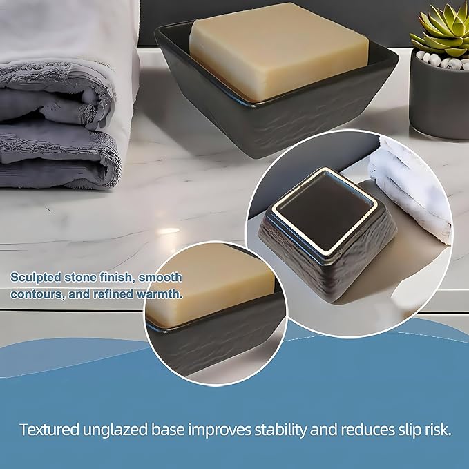 Ceramic Soap Dish, Vonpri Soap Holder Tray, Non-Slip Square Soapbox Container for Handmade Bar Bathroom Sink, Countertop, Shower Stone Texture (Black)-NeatNest