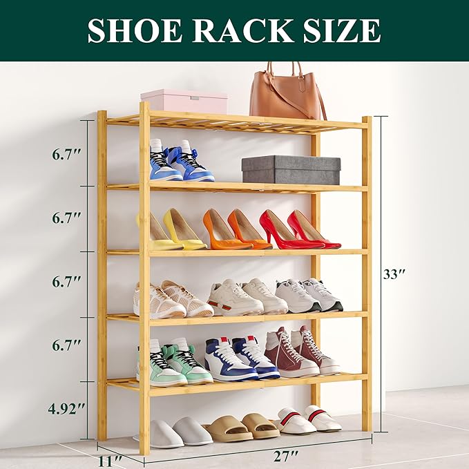 Smiry Shoe Rack, 5 Tier Bamboo Shoe Organizer, Stackable Free Standing Wooden Shoe Storage Shelf for Closet, Entryway, Front Door Entrance, Natural-NeatNest