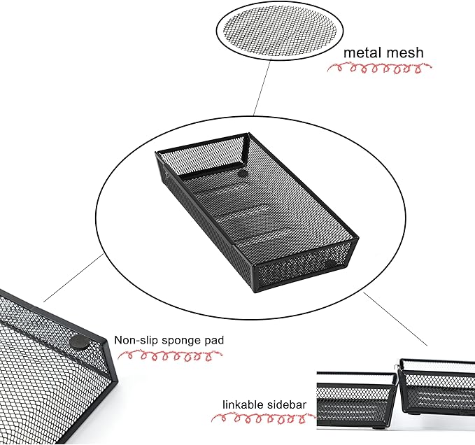 ihomecooker Mesh Tray Silverware Drawer Organizer, Utensil Cutlery Tray Office Supplies with Interlocking Arm Drawer Dividers Organizer for Flatware, Knives,Home,Office, School,Bedroom 12X6'' Black-NeatNest