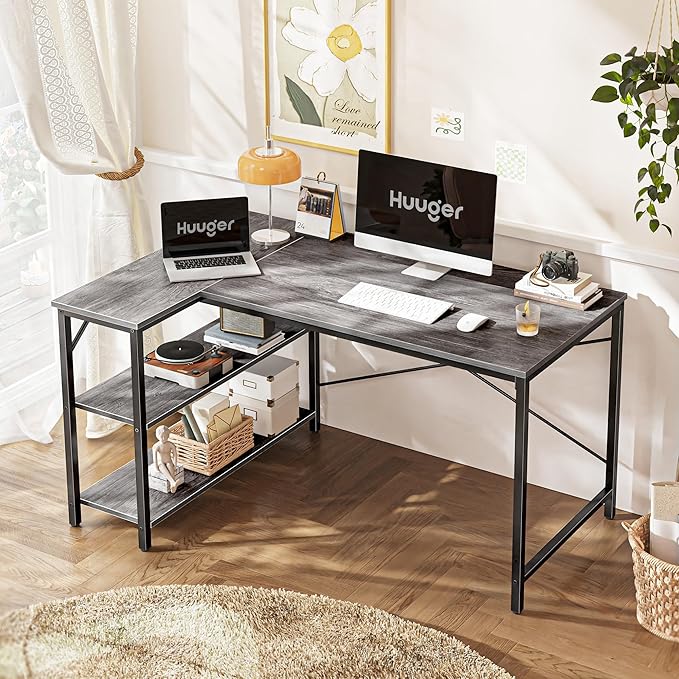 Huuger L Shaped Desk, 47 Inches Computer Desk with Reversible Storage Shelves, for Gaming Corner Home Office Writing Study, Metal Frame, Gray-NeatNest