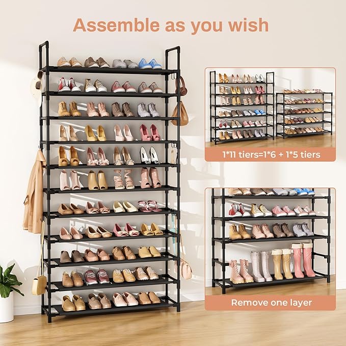 11 Tiers Tall Shoe Rack Holds 55 Pairs of Shoes with 18pcs Hooks Sturdy Wide Shoe Organizer Storage Free Standing Metal Shoe Shelf for Closet, Entryway Black-NeatNest