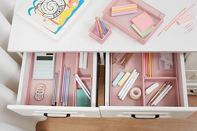 Annova Mesh Stackable Drawer Cabinet and Shelf Organizer Bins Storage Basket School Office Supply Holder Tray- Set of 2 (Light Pink, 3x9x2 Inch)-NeatNest