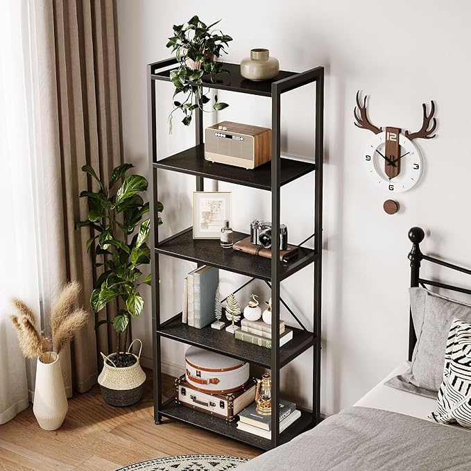 Casaottima Book Shelf, 5 Tier Bookshelf, Modern Wood Bookcase Shelves for Bedroom, Industrial Display Shelf for Living Room Home Office Kitchen, Standing Shelving Unit Storage Organizer, Black-NeatNest