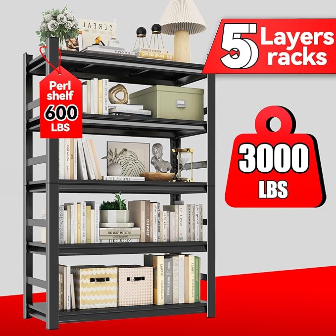 Bookshelf 5 Tier Metal Wide Bookshelves, Heavy Duty Bookcase Tall Book Shelf Storage Organizer, Adjustable Bookshelf For Bedroom/Living Room/Home Office/Library, Black(with fence-78"H*47.24"W*18"D)-NeatNest