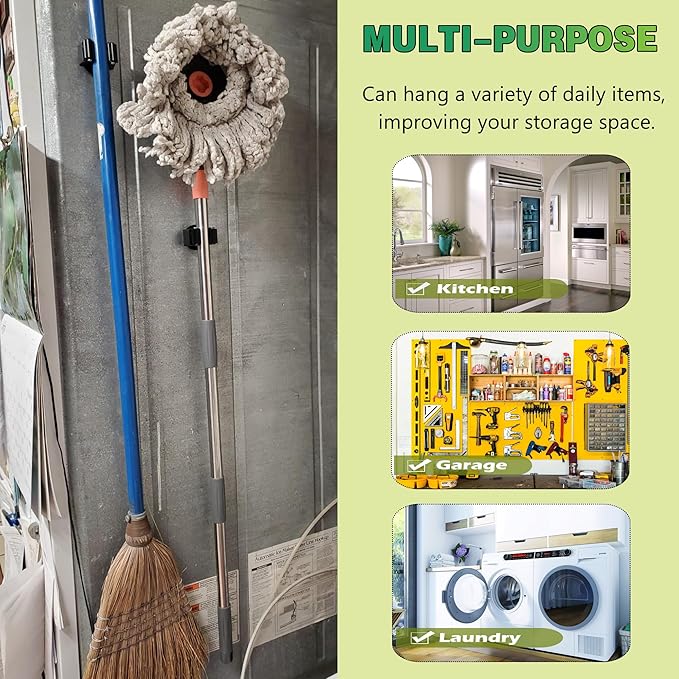 ULIBERMAGNET Magnetic Mop Broom Holder,Heavy Duty Movable Magnetic Broom Holder Rack,Anti-slip Wall Mounted Utility Storage Mop Shovel Hanger for Garage, Kitchen, Laundry, Garden(8 Pack/Black)