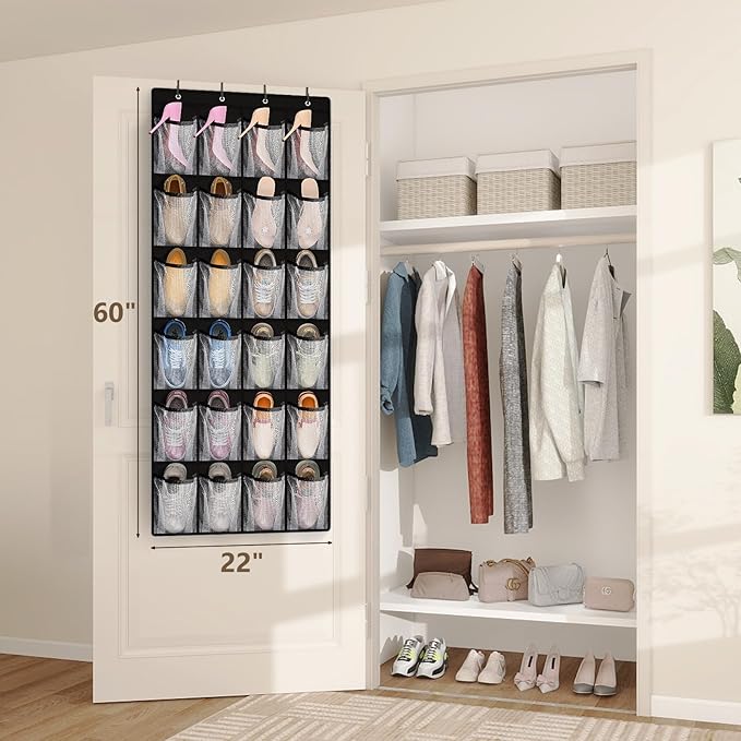 FENTEC 24 Large Pockets Over Door Shoe Organizer, Mesh Hanging Shoe Organizer Shoe Rack for Closet Mesh Closet Shoe Holder, Back of Door Organizer for Cruise Ships, Shoe Rack for Wall, Black, 1 Pack-NeatNest