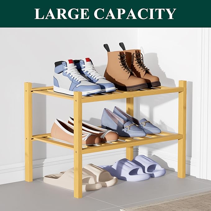 Smiry Bamboo Shoe Rack for Closet, 2 Tier Small Wooden Stackable Shoe Organizer, Free Standing Shoes Storage Shelf for Entryway, Front Door Entrance, Natural-NeatNest