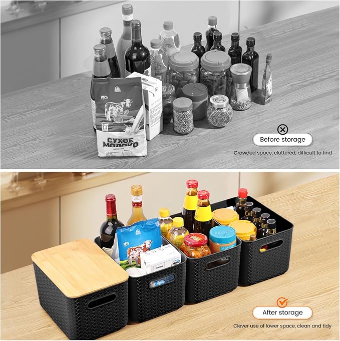 4 Packs Storage Bins with Bamboo Lids - Plastic Storage Containers with Lids Stackable Storage Box: Storages Baskets for Organizing Desktop Closet Playroom Classroom Office, Black