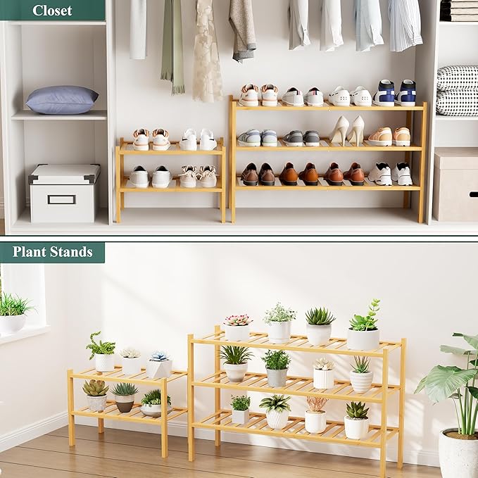 Smiry Shoe Rack, 2 Tier Long Bamboo Shoe Organizer, Stackable Free Standing Wooden Shoe Storage Shelf for Closet, Entryway, Front Door Entrance, Natural-NeatNest