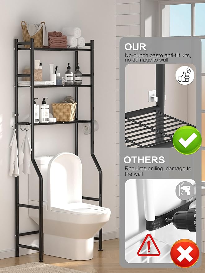 3-Tier Over The Toilet Storage, Space Saver Metal Bathroom Shelves, Freestanding Above Over Toilet Storage Shelf with 4 Hooks for Bathroom, Black-NeatNest