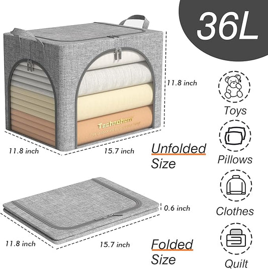 Clothes Storage Bins with Lids, 3 Pack Foldable Fabric Storage Bins with Metal Frame, Linen Closet Organizers and Storage Box With Clear Window and Carrying Handles-NeatNest