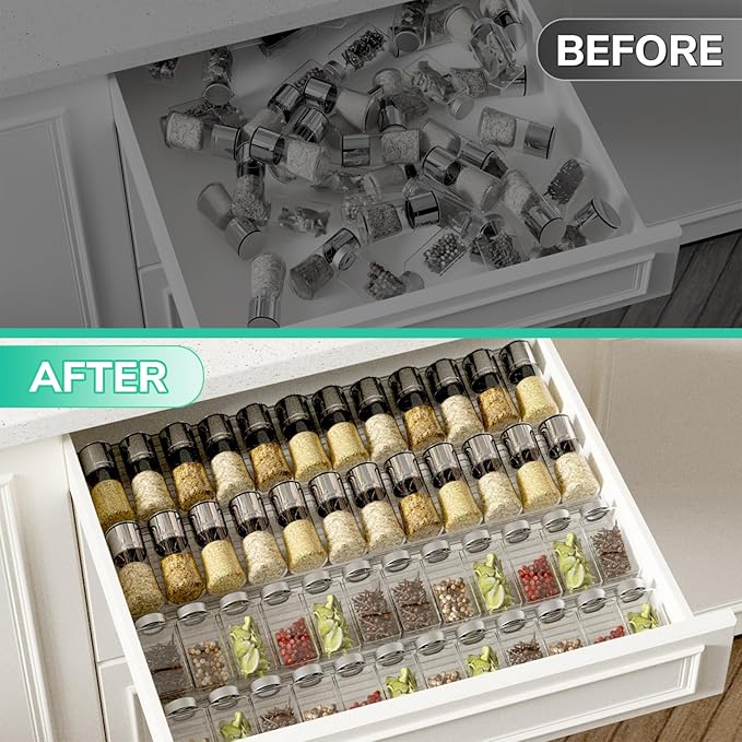AMBIRD Spice Drawer Organizer, 4 Tier-2 Set Clear Spice Rack Tray Expandable From 11'' to 22'', Seasoning Organizer with non-slip tape for Kitchen, Cabinet, Drawers, Countertop(JARS NOT INCLUDED)-NeatNest