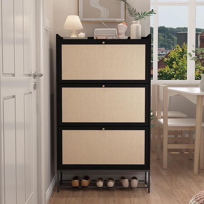 AVZEAR Shoe Cabinet, Shoe Cabinet Freestanding Tipping Bucket Shoe Rack Organizer with 3 Flip Drawers, Modern Entryway Narrow Shoe Rack for Entryway, Hallway, Bedroom (Black)-NeatNest