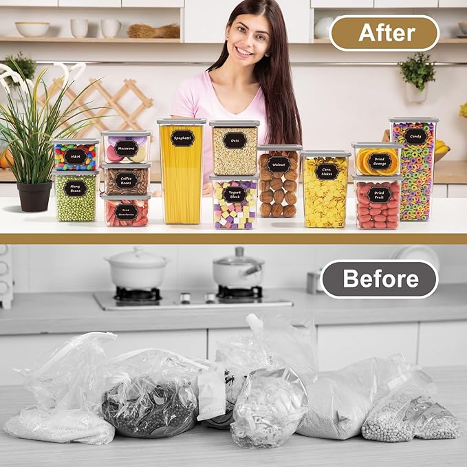 Airtight Food Storage Containers With Lids 7pcs Organization Canisters Kitchen Bpa Free Plastic Pantry Containers Storage Set for Pasta, Cereal, Dry Food, Flour and Sugar-60 Labels