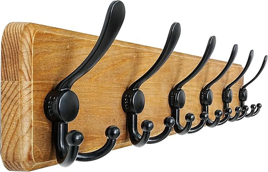 Dseap Coat Rack Wall Mounted - 24" Long 6 Tri Hooks, Heavy Duty Wooden Wall Coat Hanger Coat Hook for Clothes Hat Jacket Clothing, Weathered Yellow and Black