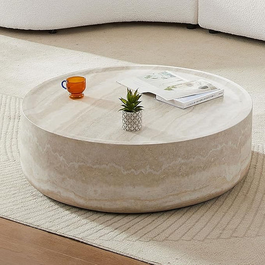 Faux Marble Coffee Table, Modern Round Coffee Table for Living Room, Circle Drum Coffee Side Tables, Fiberglass Center End Table for Small Place Apartment Office (39.37'' Marble)