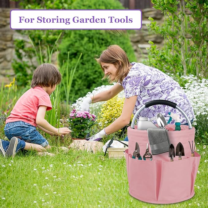 17L Portable Shower Caddy with 6 Side Pockets, Foldable Cleaning Supply Caddy with Handle, Garden Tool Bag in 600D Oxford Fabric, Multifunctional Storage Basket for Showers, Picnics, Pink-NeatNest
