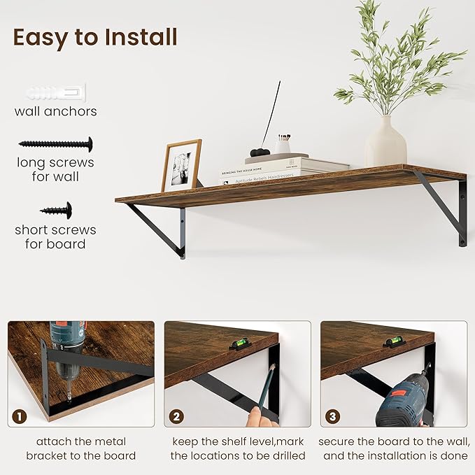 Fun Memories Deep Floating Shelves for Wall, 36W x 8D Wall Mounted Shelves Set of 2, Wide Display Ledge Shelf with Sturdy Metal Brackets for Living Room, Bathroom, Bedroom and Kitchen, Rustic Brown-NeatNest